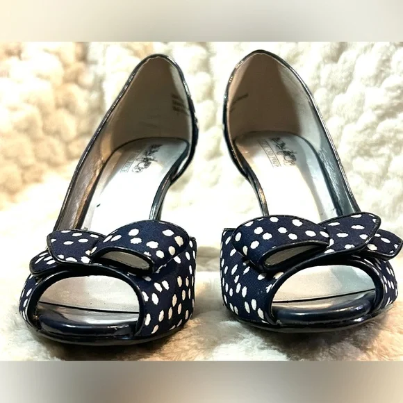 Coach and Four Navy white Polka dot  peep toe bow heels women’s size 7 - Picture 6 of 12